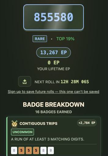 Animal RNGdle mobile result 855580 with 13,267 EP, 16 badges and a Contiguous Trips animal card