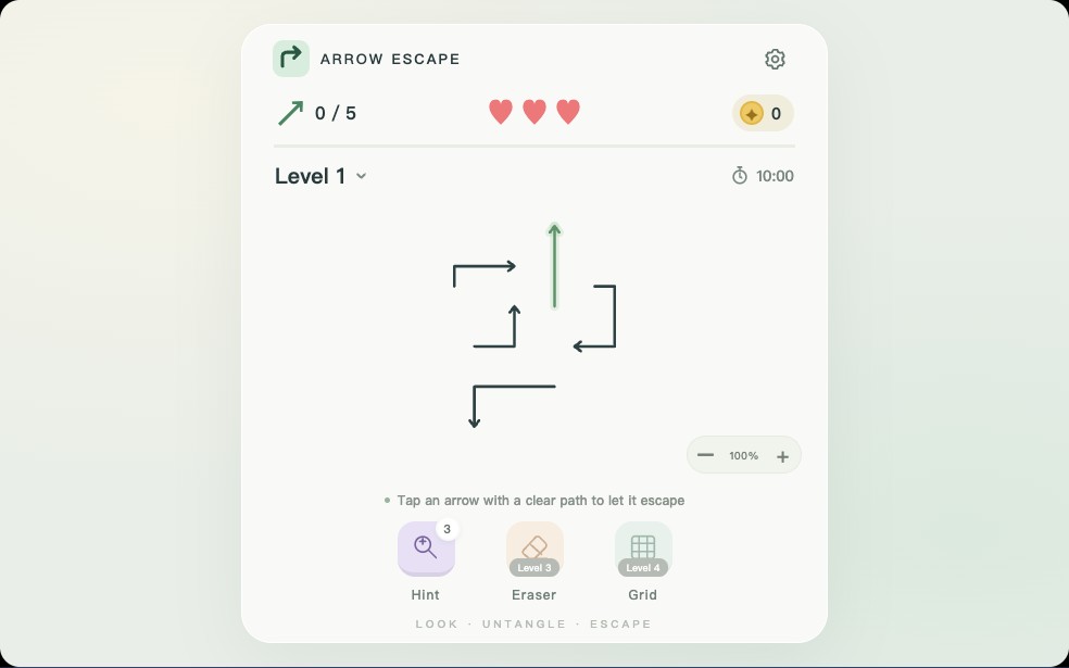 ArrowEscape level 1 with five arrows, three hearts, a ten-minute timer and locked Eraser and Grid controls