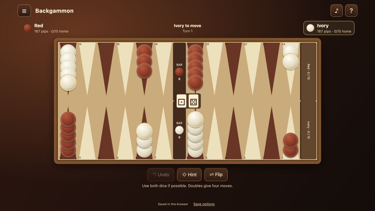 FoolFish Backgammon starting board with Ivory to move, dice showing 1 and 5, and both players at 167 pips