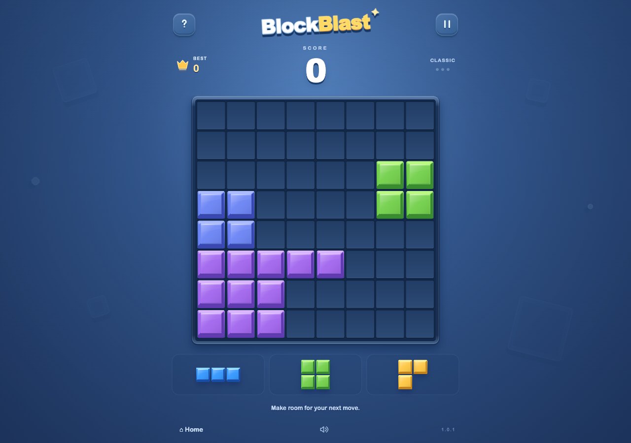 BlockBlast Classic board with blue, green and purple blocks and three waiting pieces