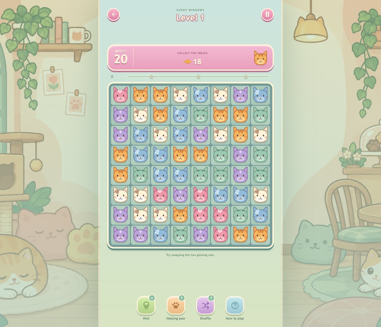CatClash first-level board with a twenty-move limit and an eighteen-treat goal