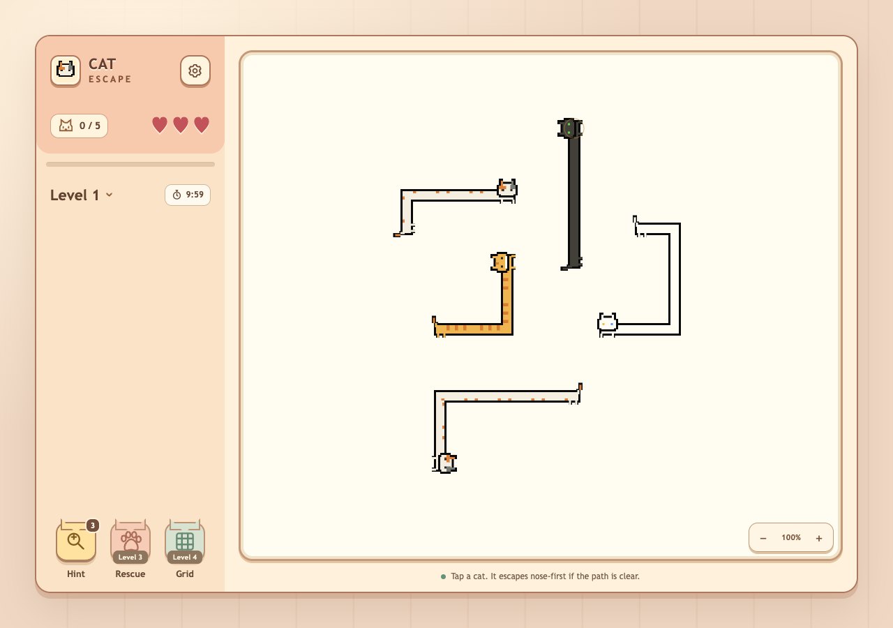 CatEscape first board with five long pixel cats, three hearts and a timer
