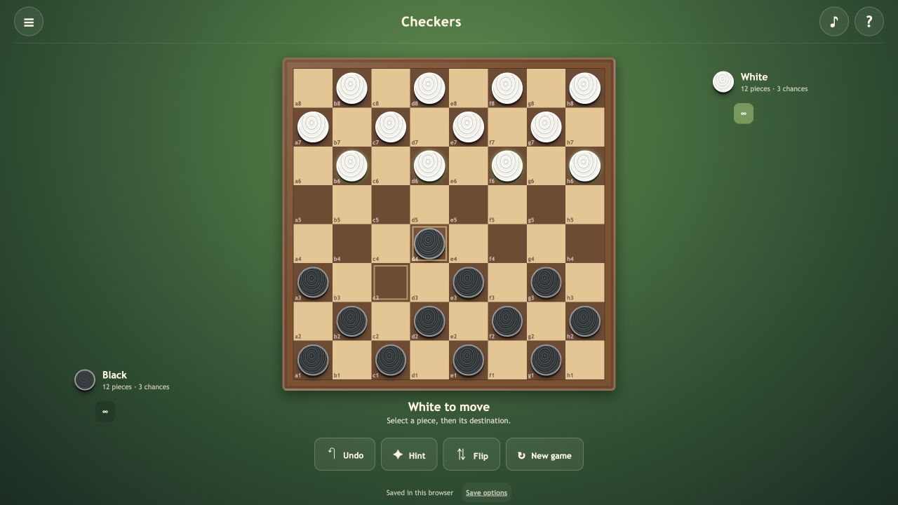 FoolFish Checkers after Black moves from c3 to d4, with White to move and both clocks set to unlimited