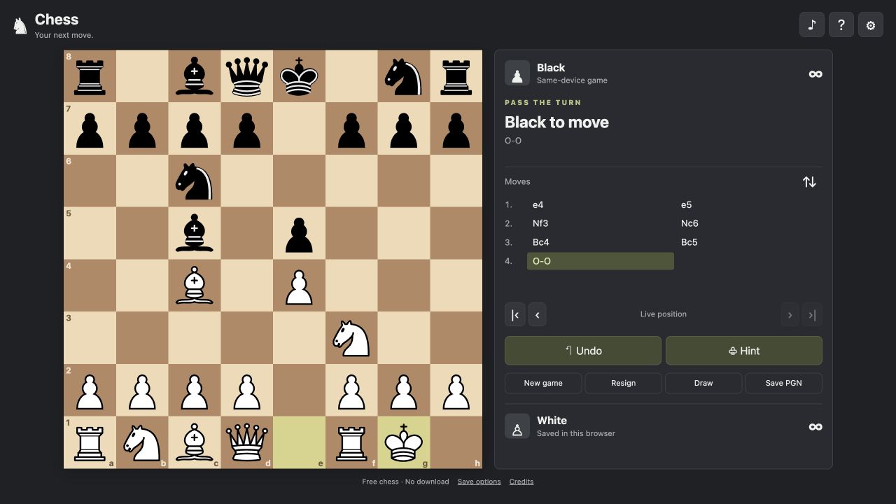 FoolFish Chess after White castles: king on g1, rook on f1, Black to move and O-O in the move list