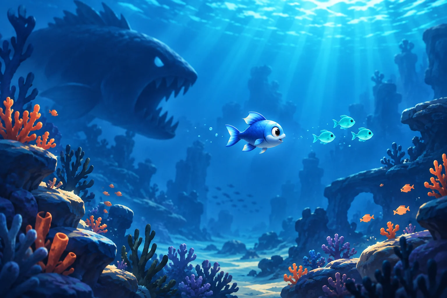 Concept illustration of a small blue fish between prey and a larger predator