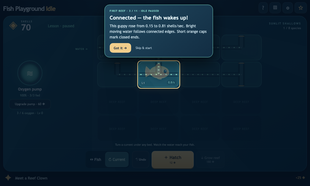 Guided first reef highlighting the lower guppy after its water channel is connected