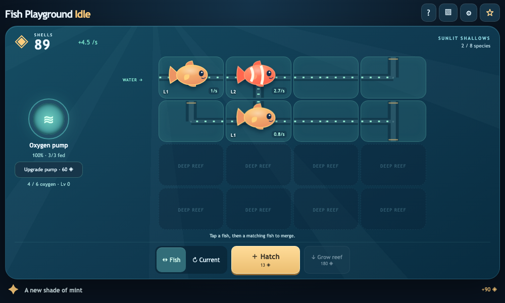 Fish Playground Idle reef after merging guppies and hatching another fish