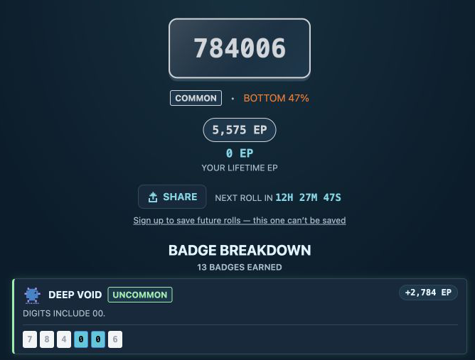 Fish RNGdle result 784006 with 5,575 EP and the Deep Void badge highlighting two zeros