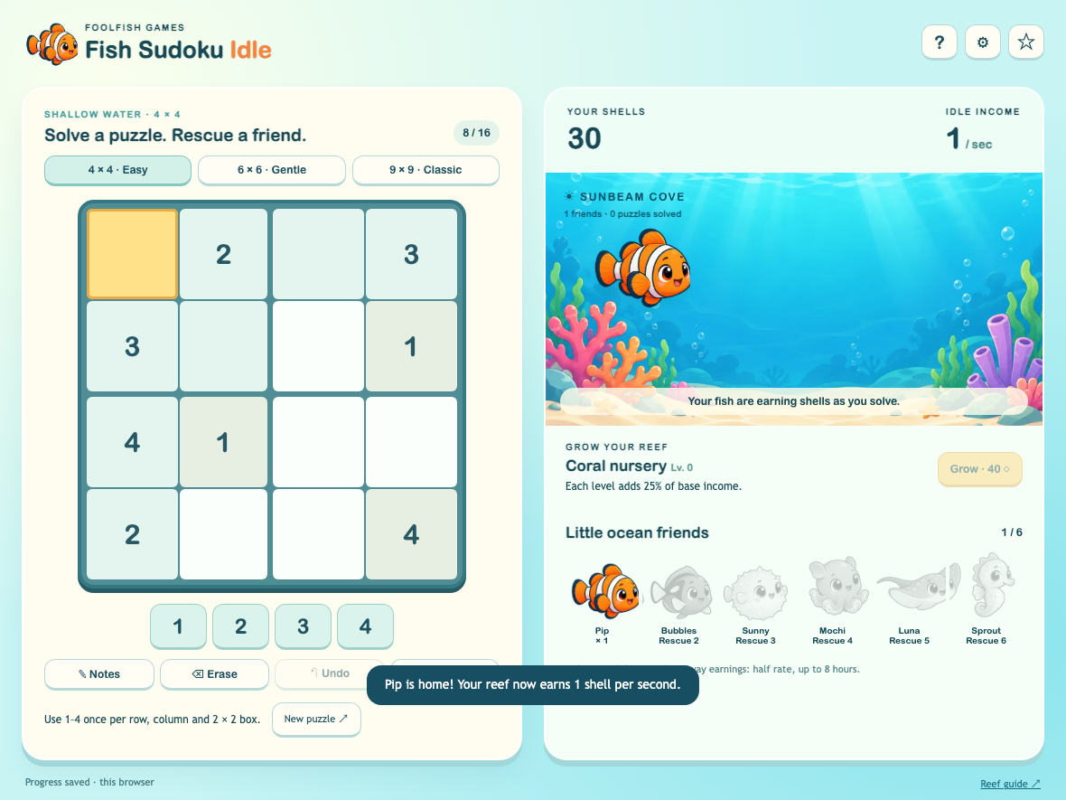 Fish Sudoku Idle gameplay with a 4x4 Sudoku board, Pip the clownfish and coral upgrade controls
