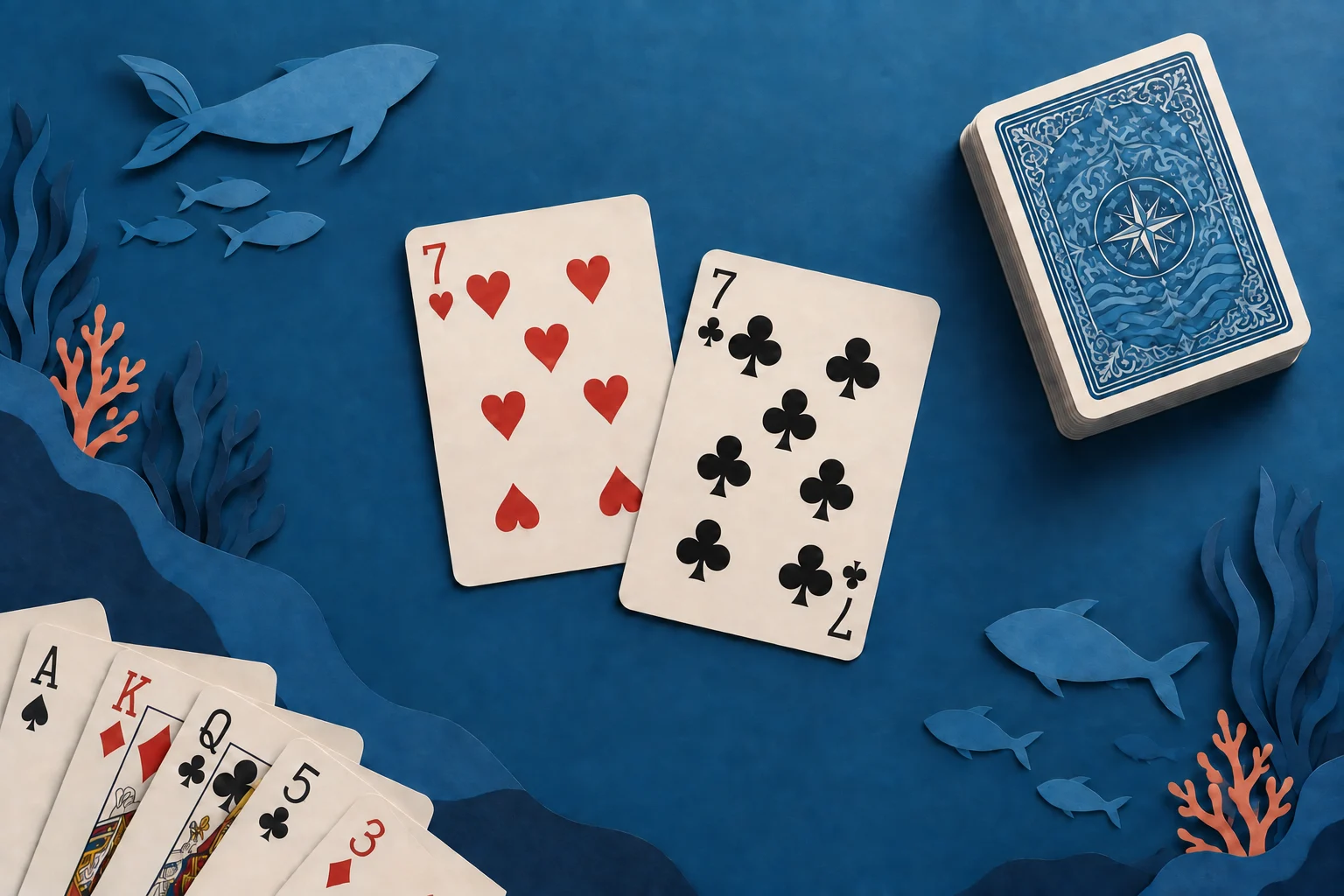 Concept illustration of playing cards on an ocean-blue table