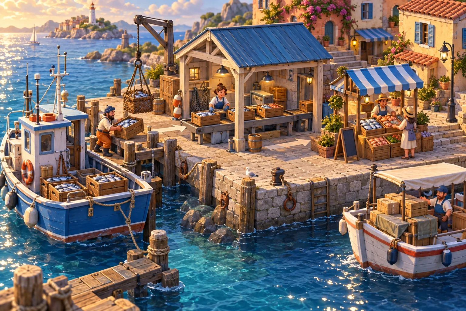 Isometric harbor with a fishing boat, sorting shed, market and delivery dock linked by a crate route