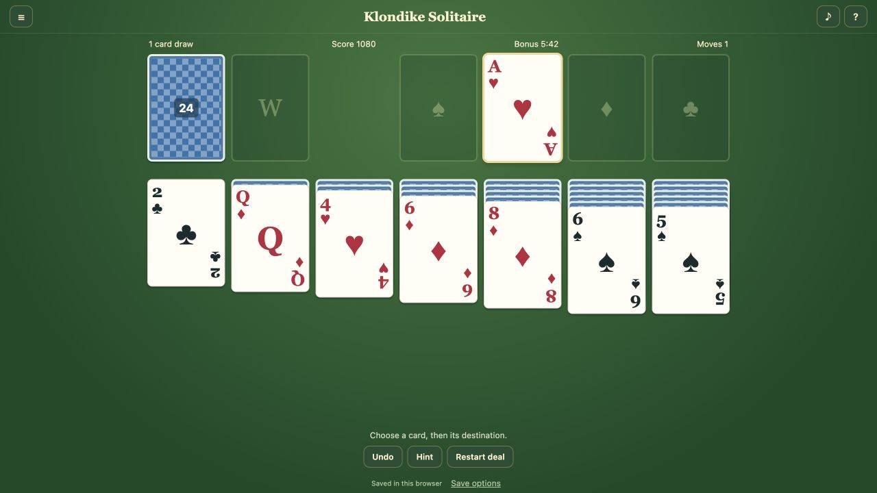 Draw 1 deal 42 with the ace of hearts on its foundation, a newly exposed five of spades and score 1080