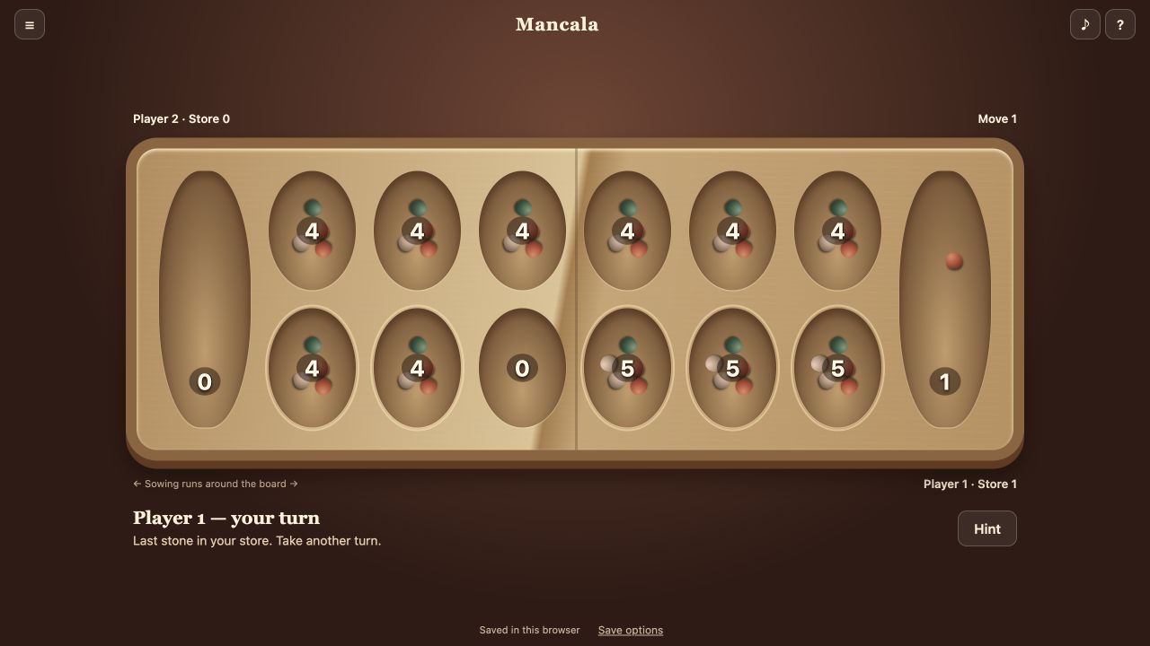 FoolFish Mancala after Player 1 sows the lower third pit, showing lower counts 4, 4, 0, 5, 5, 5 and one stone in the right store