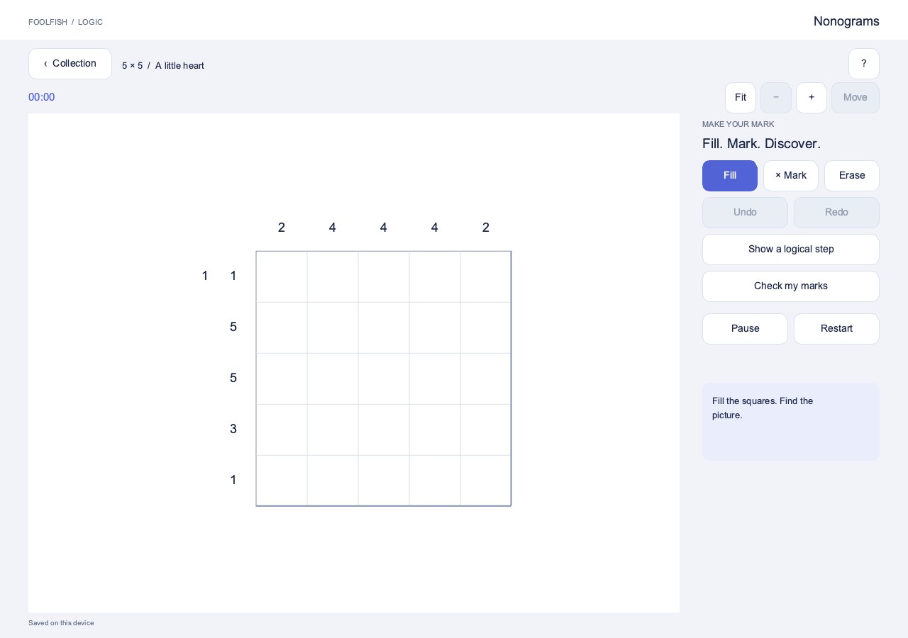 The published Nonograms game showing row and column number clues around a puzzle grid