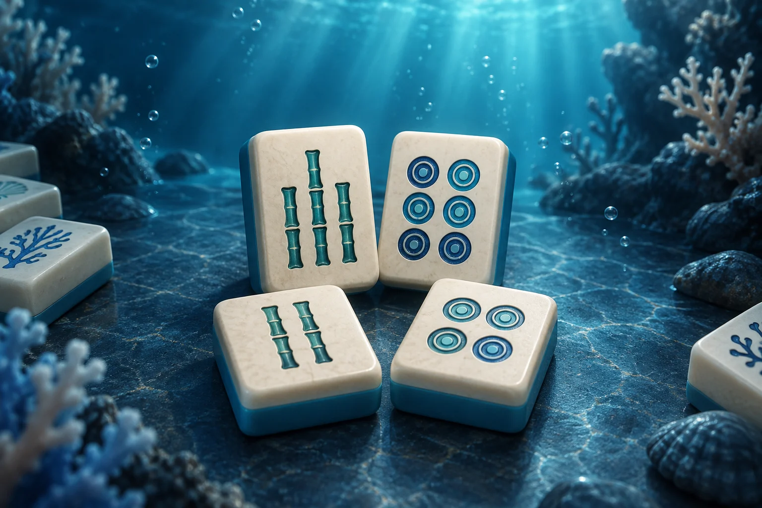 Concept illustration of ivory mahjong tiles over a quiet blue seabed