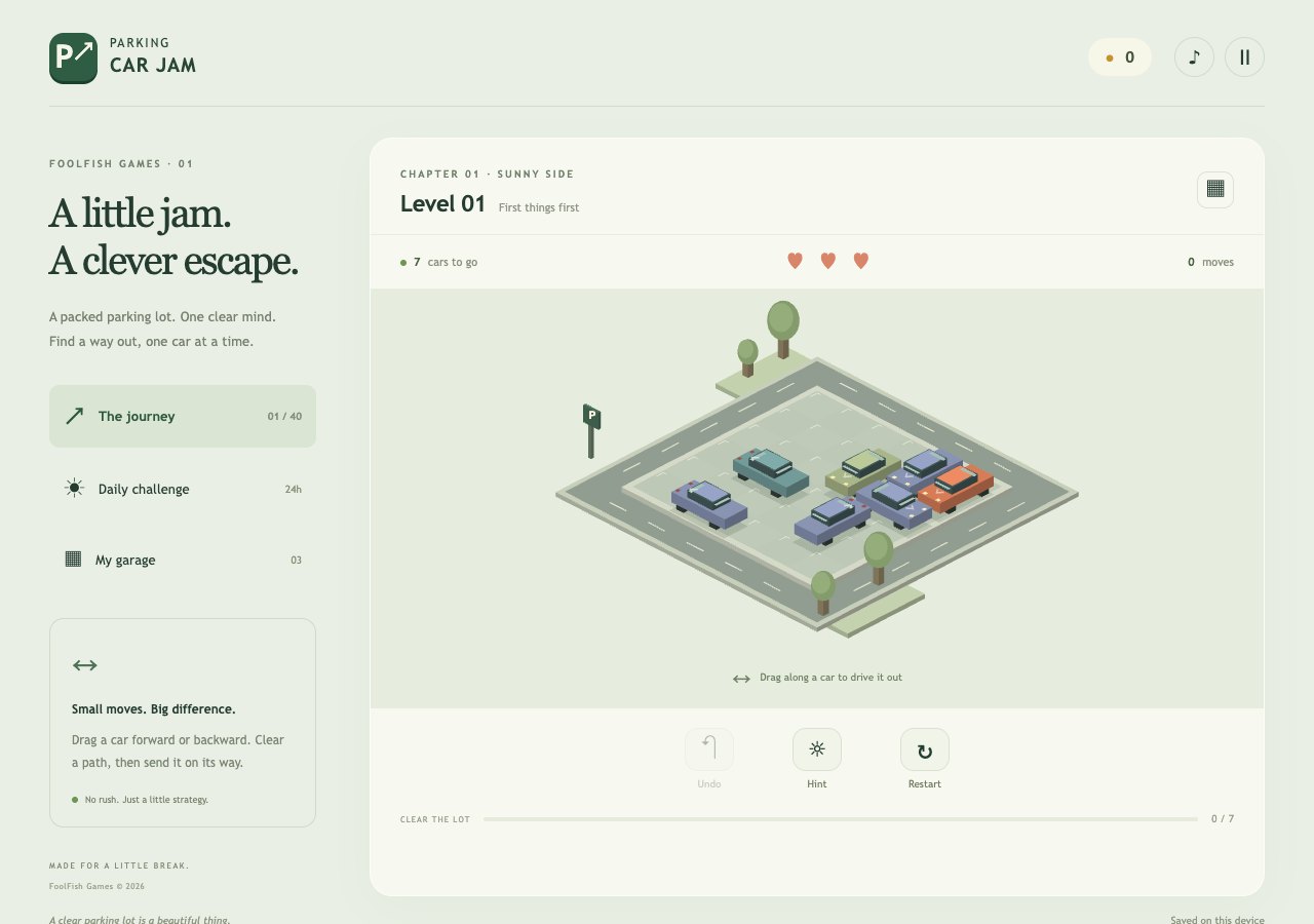 Parking Car Jam first parking lot with seven cars, three chances and undo and hint controls