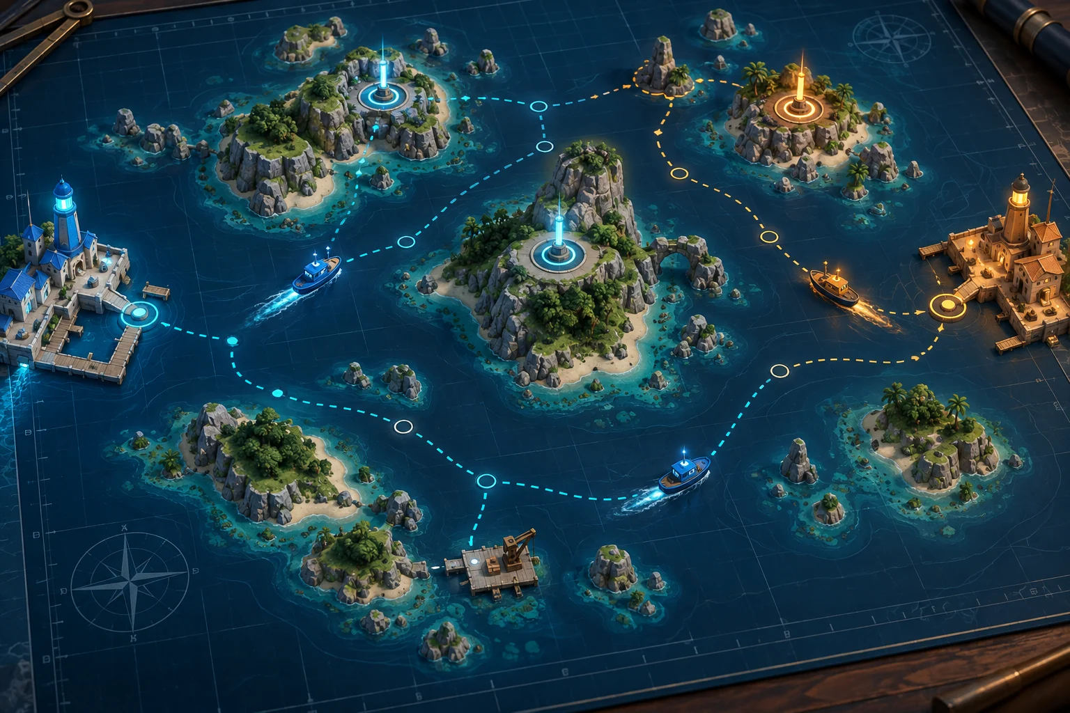 Nautical tactical map with three capture beacons, blue patrol boats and an amber opponent