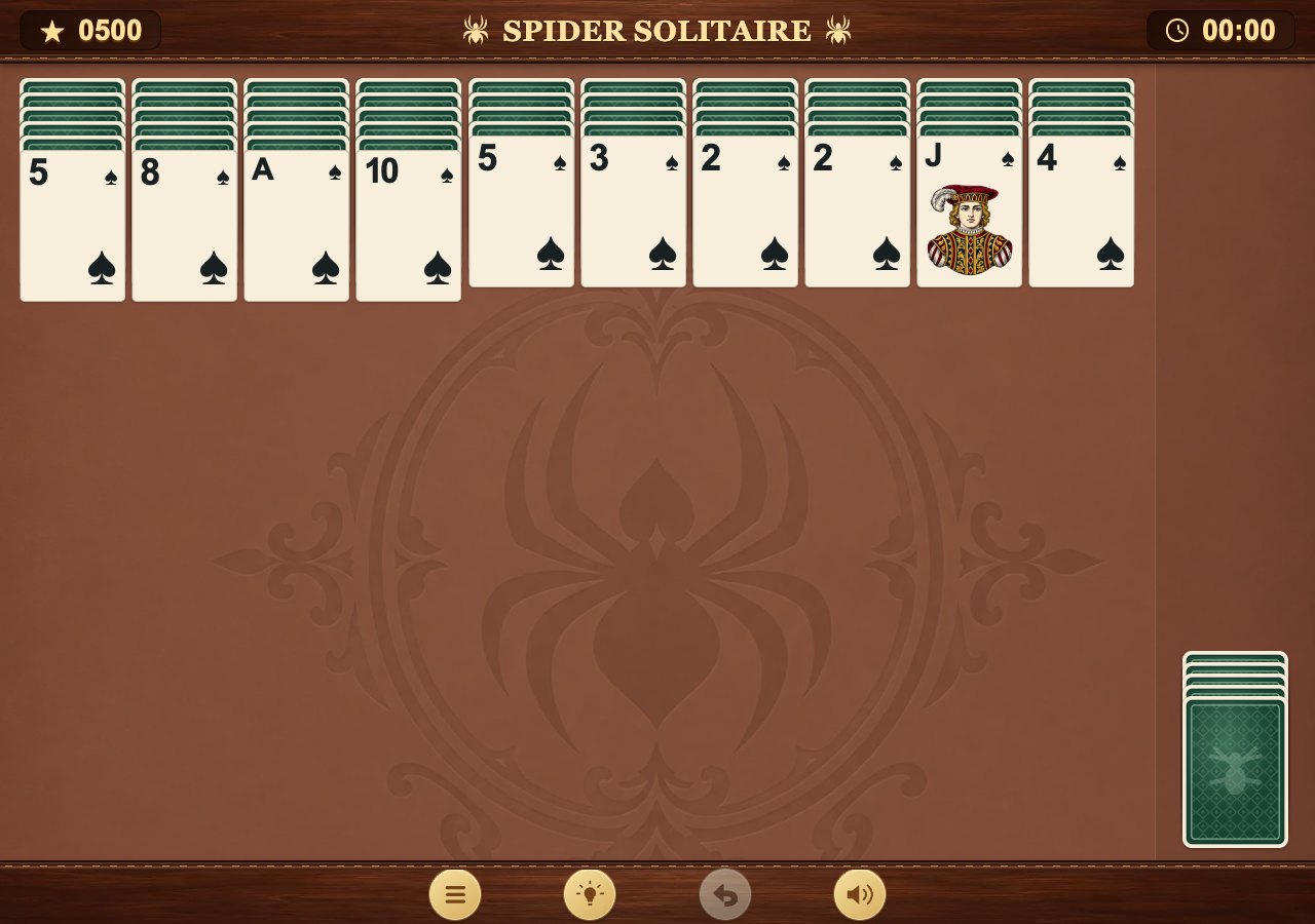 One-suit Spider Solitaire with ten columns of spade cards and a stock pile
