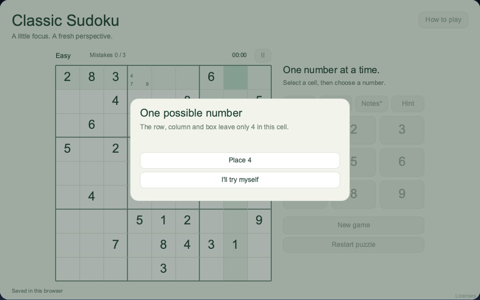 Classic Sudoku hint explains that only 4 fits a cell and offers Place 4 or I’ll try myself