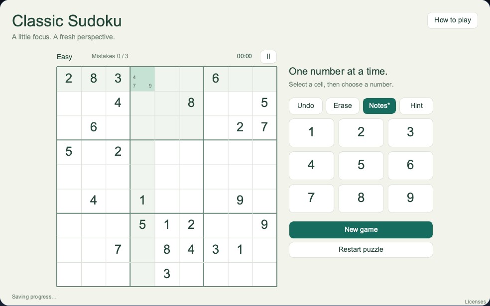 Classic Sudoku Easy board with pencil notes 4, 7 and 9 in an empty cell