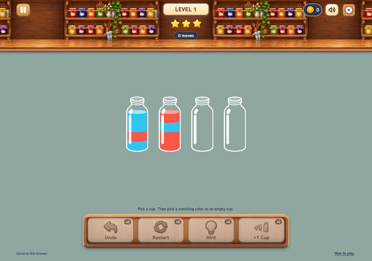 Water Sort first board with two mixed-color cups and two empty cups