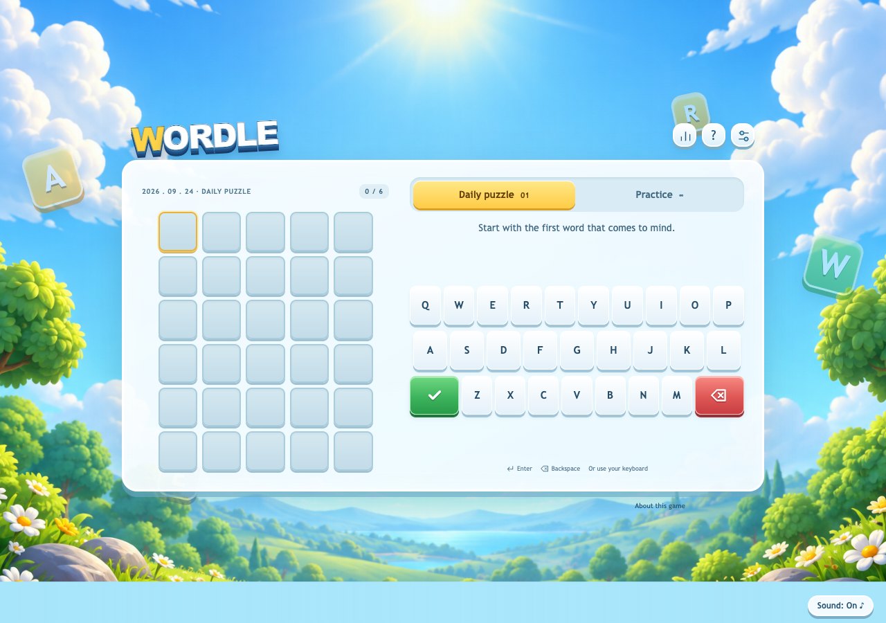 FoolFish Wordle with a six-row grid, on-screen keyboard and Daily puzzle and Practice options