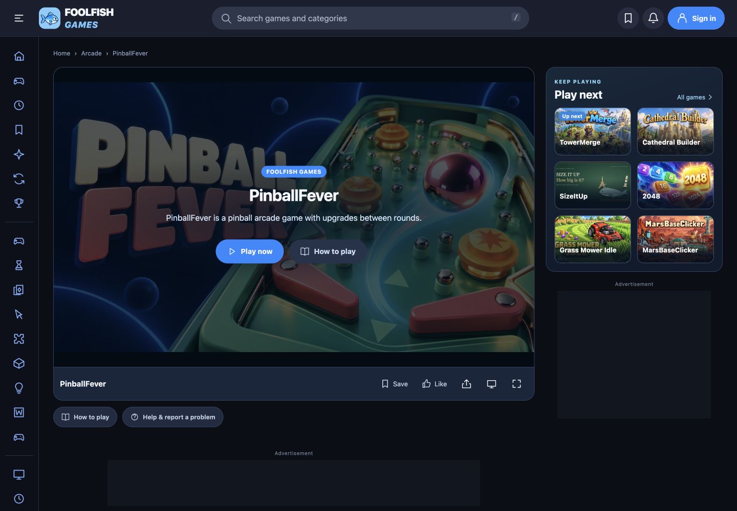 Game recommendations displayed beside the FoolFish browser player