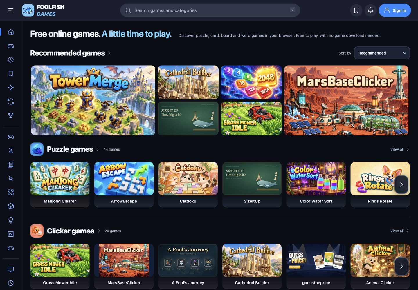 FoolFish homepage with logic, sorting and incremental game recommendations