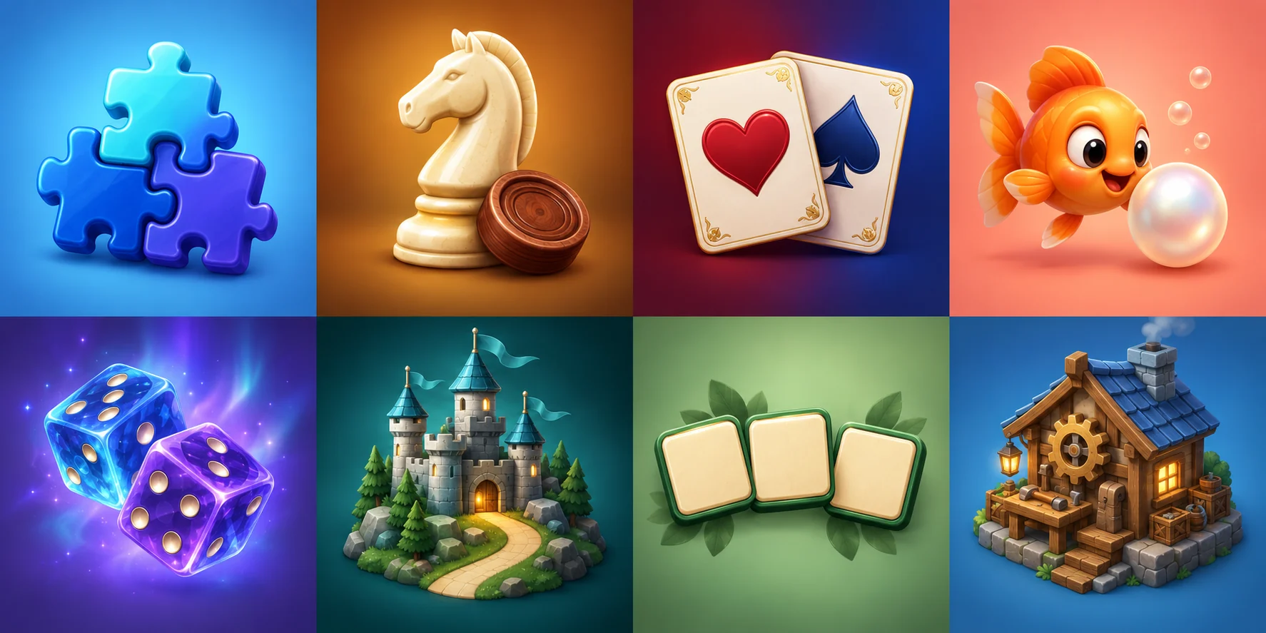 Colorful puzzle and idle game artwork from the FoolFish catalog